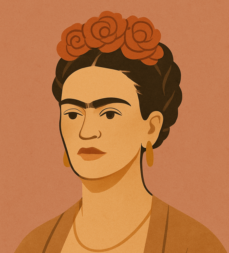 Illustration von Frida Kahlo in stilisierter Form – Symbol für weibliche Stärke, Kunst und Selbstbestimmung