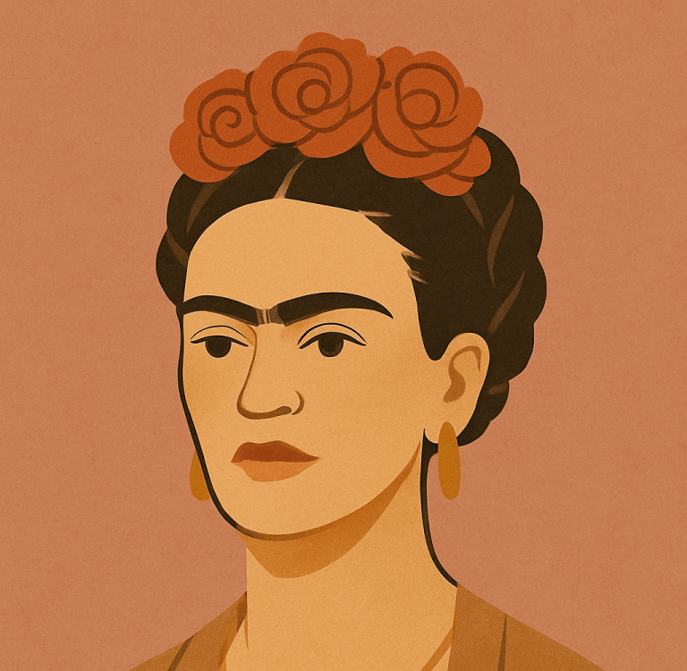 Illustration von Frida Kahlo in stilisierter Form – Symbol für weibliche Stärke, Kunst und Selbstbestimmung