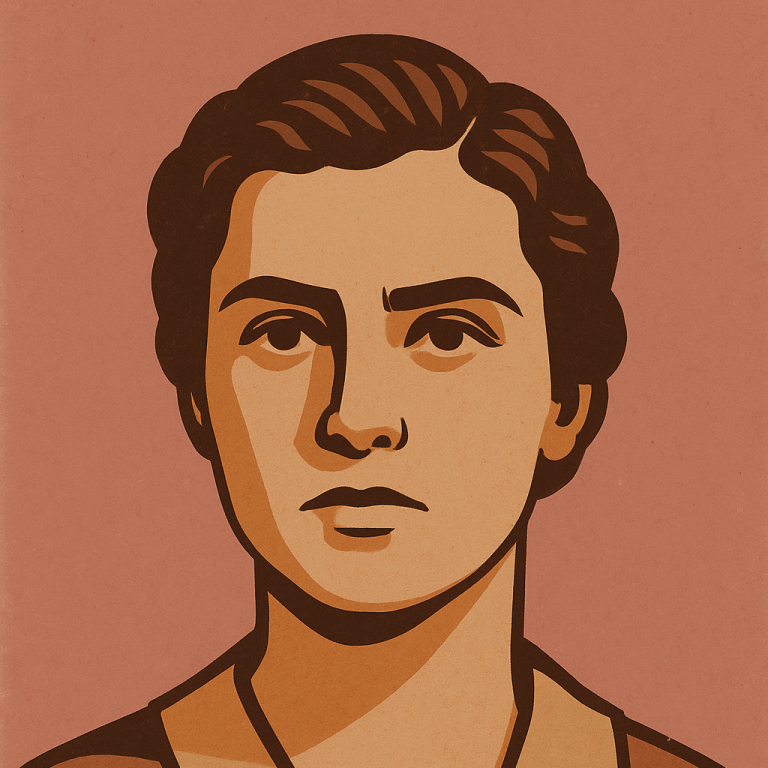 Stilisierte digitale Illustration einer jungen Frau mit entschlossenem Blick – symbolisches Porträt von Aurora Picornell im Her Story-Stil