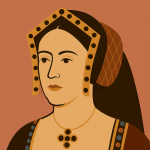 Stilisiertes Porträt von Catherine of Aragon, der ersten Ehefrau von Henry VIII., mit traditioneller Tudor-Kopfbedeckung vor warmem Hintergrund. Symbolbild für weibliche Stärke in der Geschichte.
