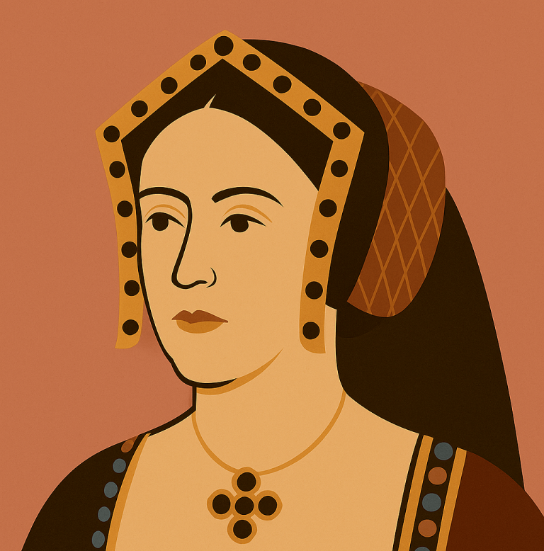 Stilisiertes Porträt von Catherine of Aragon, der ersten Ehefrau von Henry VIII., mit traditioneller Tudor-Kopfbedeckung vor warmem Hintergrund. Symbolbild für weibliche Stärke in der Geschichte.