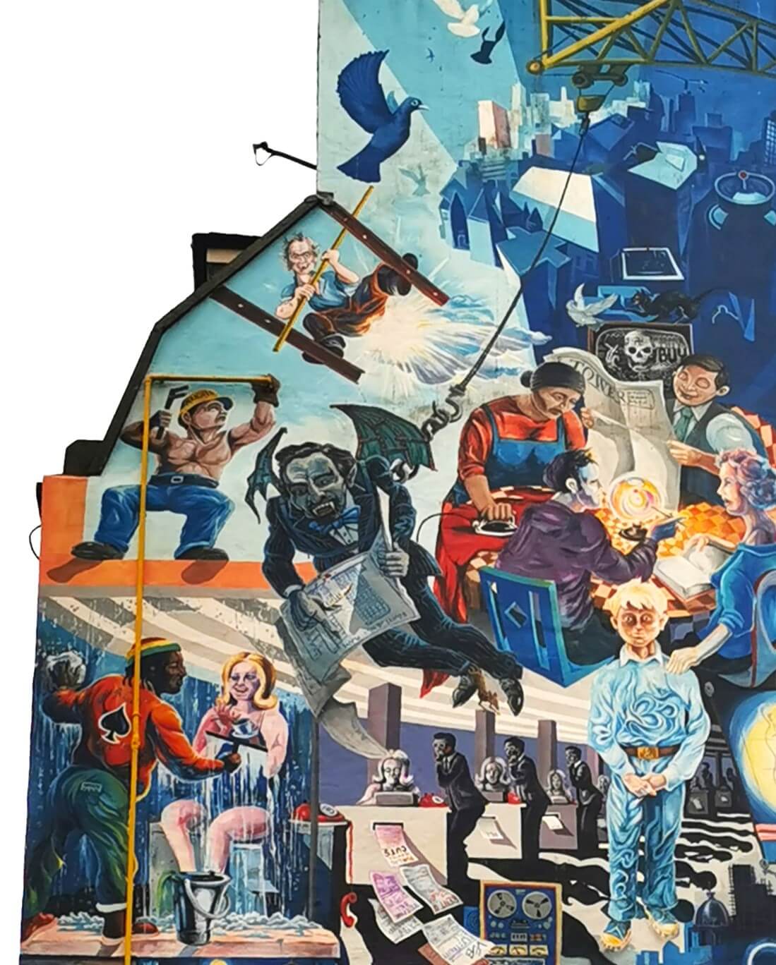 Bunte Hausfassade mit satirischer Streetart in London – Menschen, Maschinen und Fantasiewesen im Comicstil