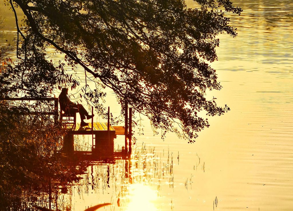 Eine Person sitzt auf einem kleinen Steg am Ratzeburger See, während goldenes Herbstlicht durch die Bäume auf das Wasser fällt.