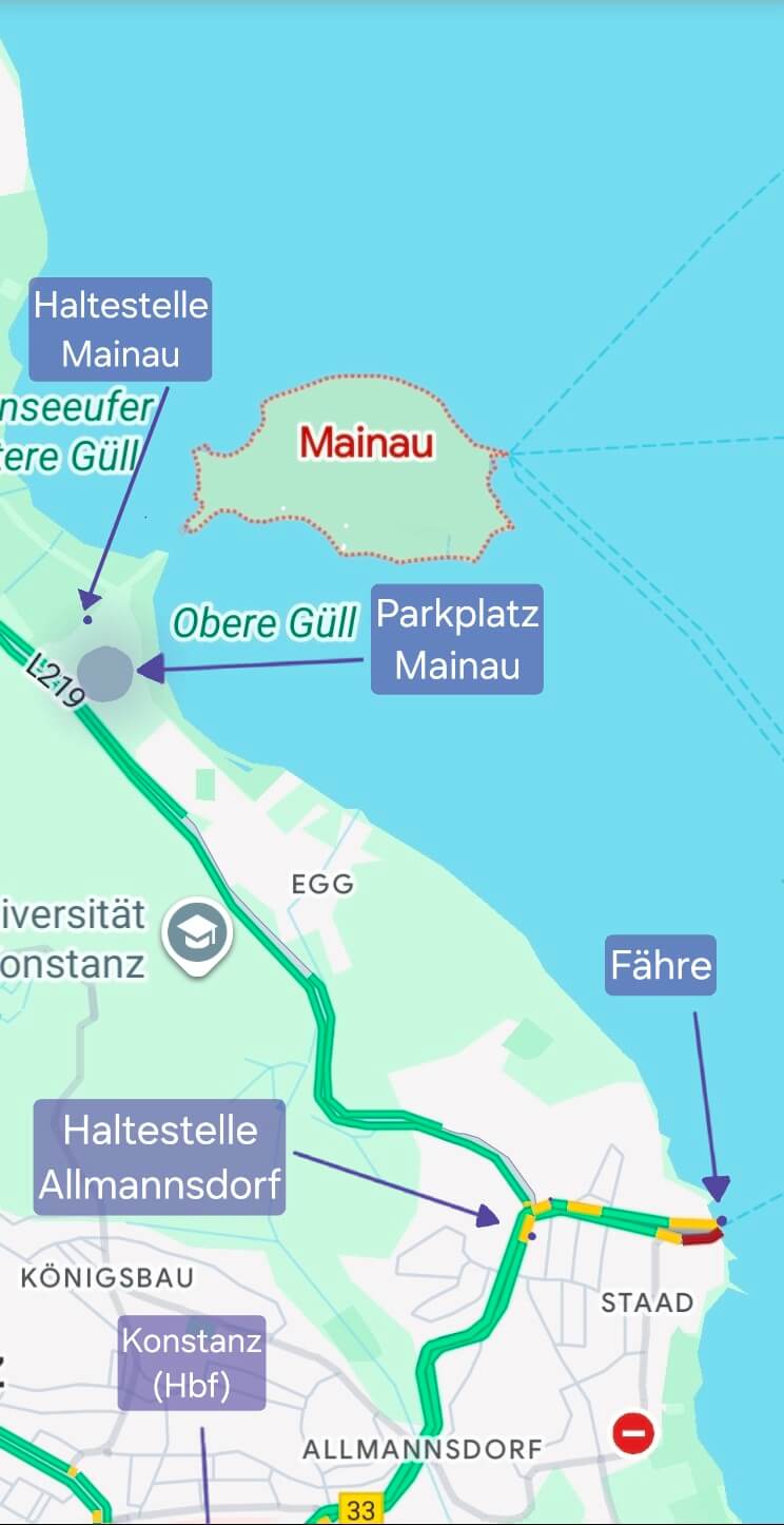 Karte der Insel Mainau mit markierten Punkten: Parkplatz Mainau, Bushaltestelle Mainau, Bushaltestelle Allmannsdorf und der Autofähre Meersburg–Konstanz.