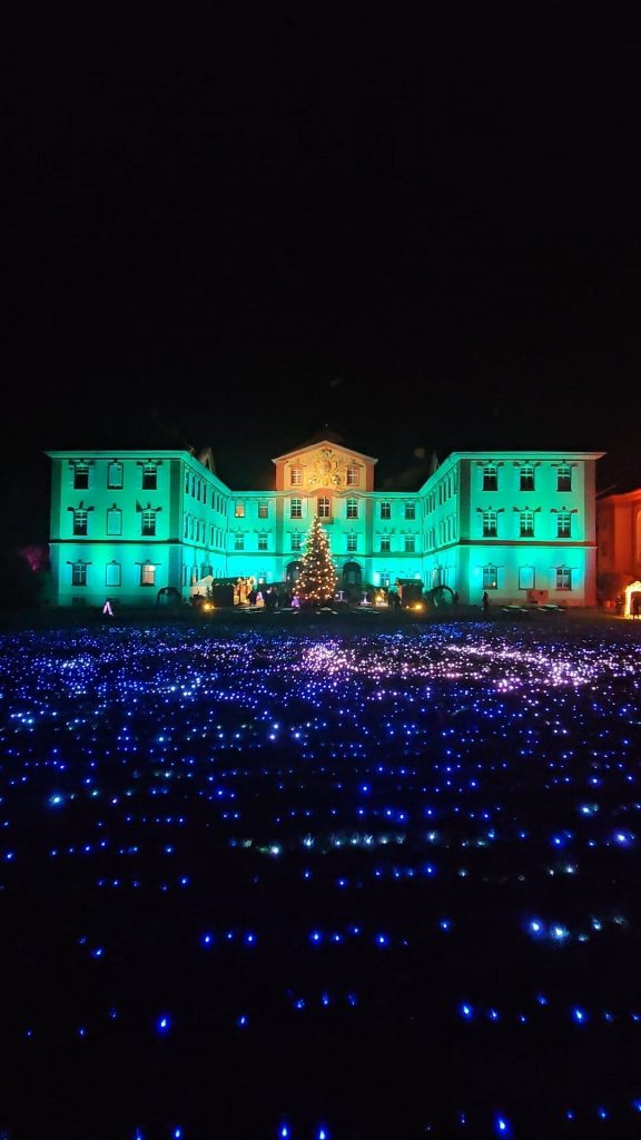 Schloss Mainau mit Weihnachtsbaum und blauen Lichtpunkten auf dem Rasen