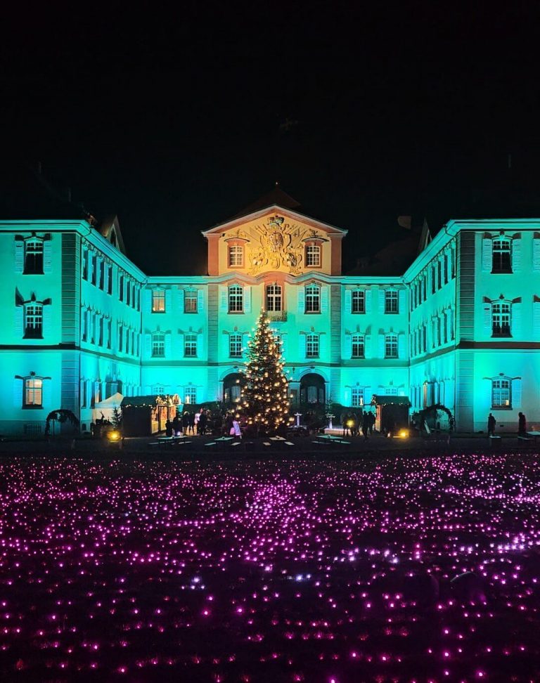 Schloss Mainau mit Weihnachtsbaum und pinken Lichtfeldern im Vordergrund
