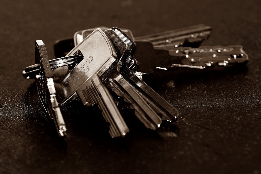 A detailed close-up of a bunch of metallic keys resting on a dark textured surface.