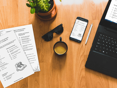 Mockup der zwei Solo-Wander-Checklisten auf Tisch mit Laptop und Smartphone, zeigt die PDF-Inhalte des Starter Kits.