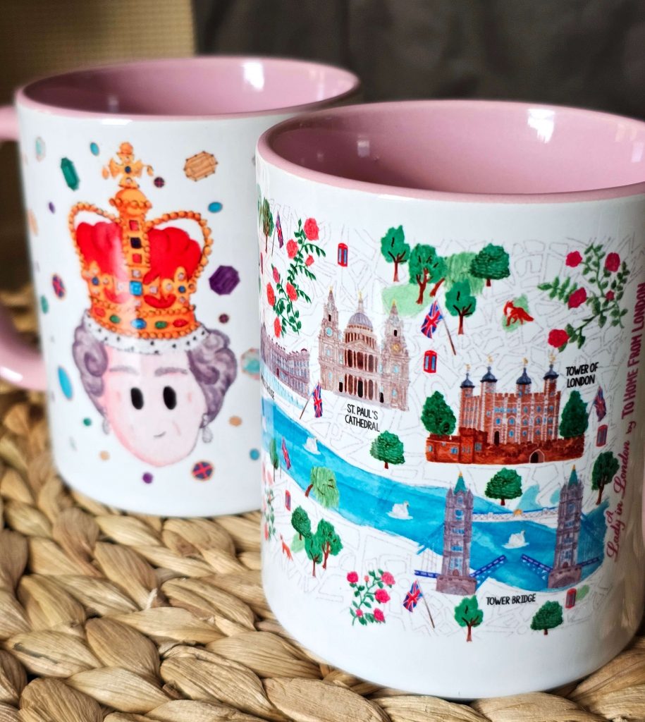 Zwei London Souvenir Tassen mit Illustrationen von Tower Bridge, St Paul’s Cathedral und britischer Krone