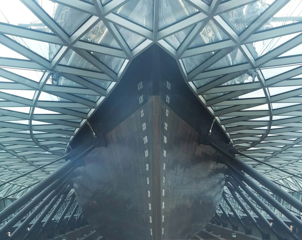 Detailaufnahme des historischen Segelschiffs Cutty Sark in Greenwich