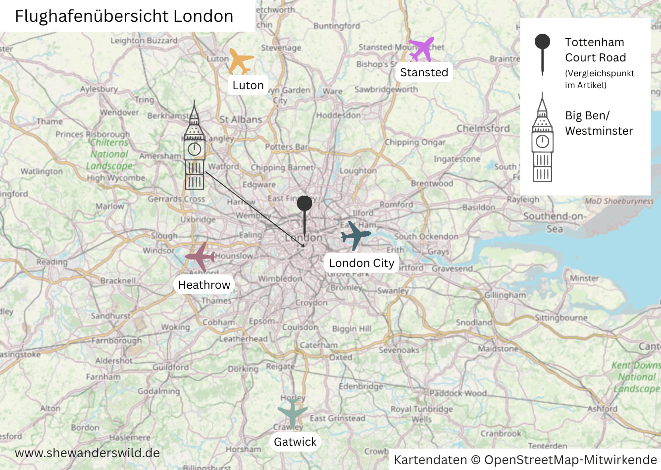 Karte der Londoner Flughäfen Heathrow, Gatwick, Stansted, Luton und London City Airport mit Vergleichspunkt Tottenham Court Road.