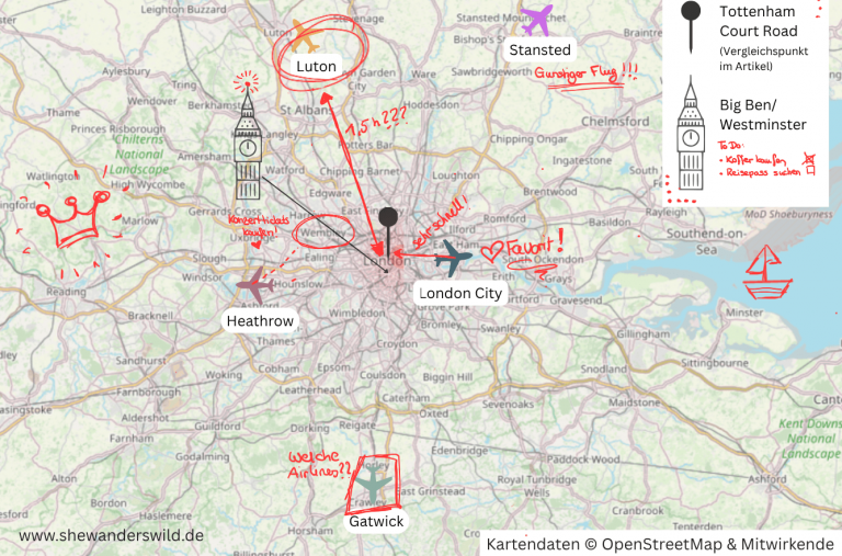 Übersichtskarte der Londoner Flughäfen Heathrow, Gatwick, Stansted, Luton und London City Airport mit Entfernungen zur Innenstadt und handschriftlichen Planungshinweisen.