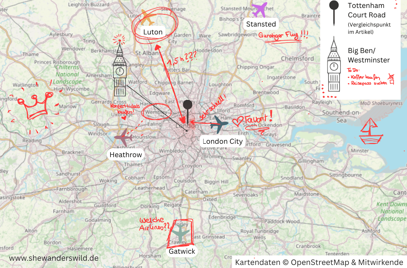 Übersichtskarte der Londoner Flughäfen Heathrow, Gatwick, Stansted, Luton und London City Airport mit Entfernungen zur Innenstadt und handschriftlichen Planungshinweisen.