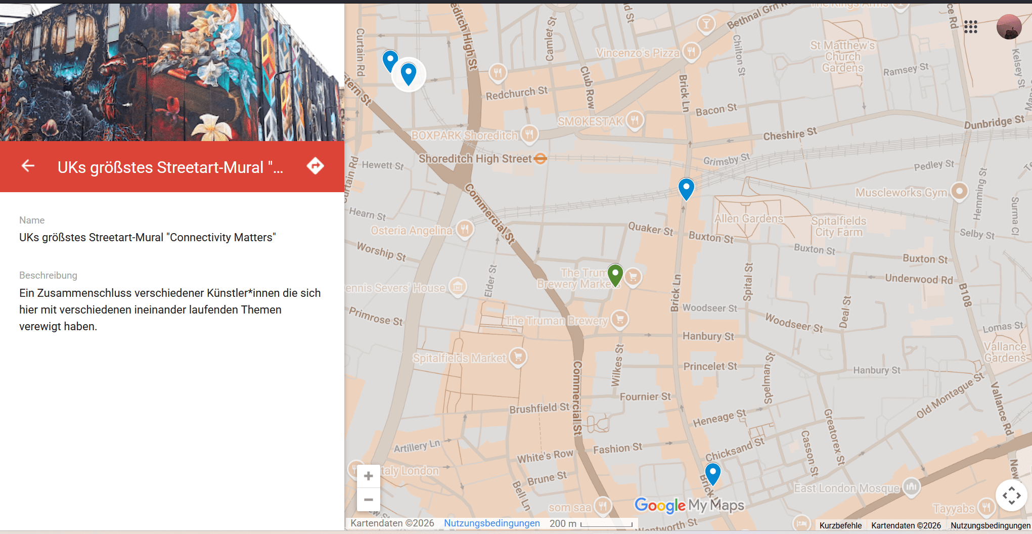 Eintrag zum Streetart-Mural „Connectivity Matters“ innerhalb der London Streetart Map von She Wanders Wild.
