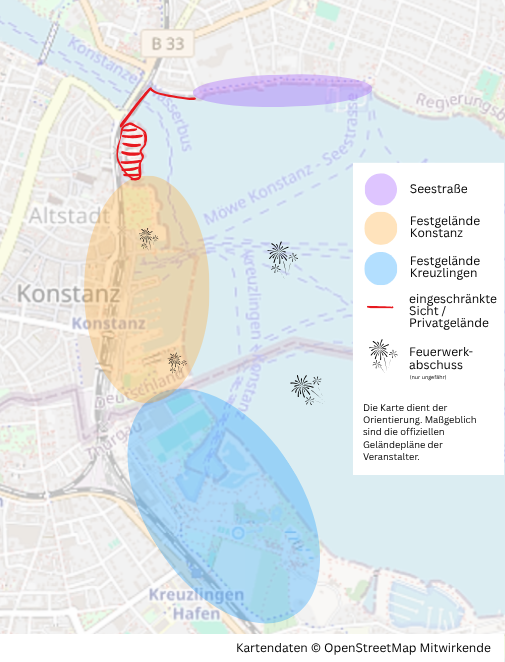 Karte mit den ungefähren Festgeländen des Seenachtsfests in Konstanz und Kreuzlingen, der Seestraße als separatem Ticketbereich sowie Bereichen mit eingeschränkter Sicht auf das Feuerwerk.
