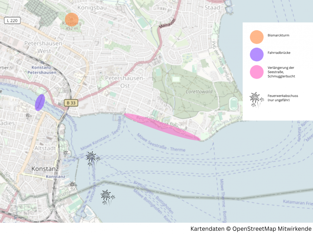 Karte mit kostenlosen Aussichtspunkten für das Seenachtsfest Konstanz am Bodensee. Eingezeichnet sind Schmugglerbucht, Seestraße, Fahrradbrücke, Bismarckturm sowie die ungefähren Feuerwerksabschussorte.