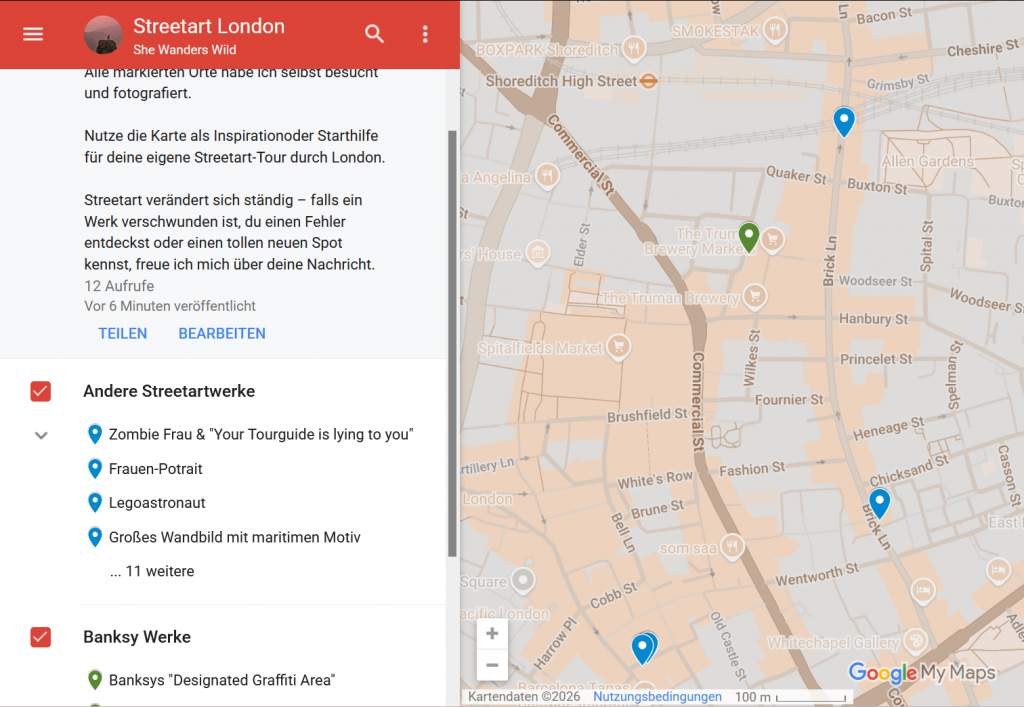 Screenshot der London Streetart Map von She Wanders Wild mit Banksy-Werken und Streetart-Spots in Shoreditch.